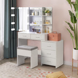 FCH Particleboard Triamine Veneer Dressing Table Set with Mirror Cabinet, Dimmable Light Bulbs, and Stool, White