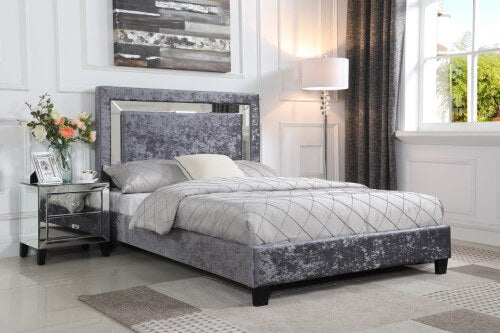 Crushed Velvet King Size Bed Silver with Mirror