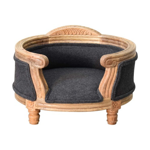 Carved Battleship Tweed Pet Bed - Oak-Ish + Battleship Tartan