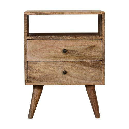 Classic Oak-ish Bedside Table with Two Drawers and Open Slot