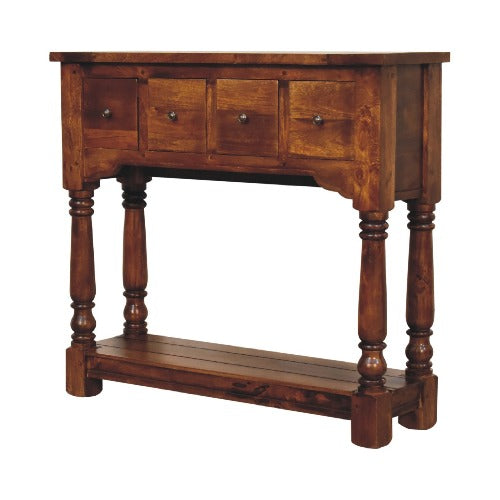 Chestnut Console Table made of solid mango wood with hand-turned legs, four drawers, and lower storage shelf