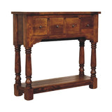 Rustic Chestnut Console Table with four drawers and lower shelf, constructed from 100% solid mango wood