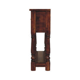 Handcrafted Chestnut Console Table with a rich finish, showcasing its solid mango wood construction, four functional drawers, and a convenient lower shelf