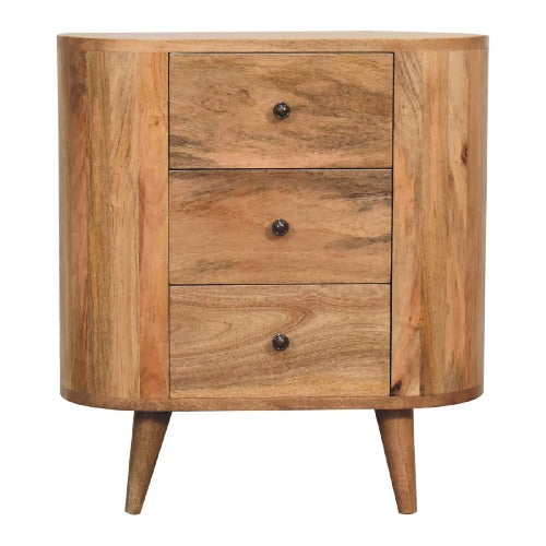 Mini Oak-ish Cabinet - Stylish solid mango wood furniture with three drawers, shiny knobs, and nordic style legs.