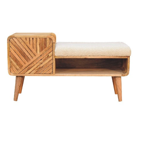 Boucle Carved Telephone Table - Handwoven cotton upholstery and solid mango wood construction