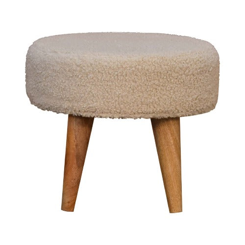 Boucle Cream Petite Footstool - Front view showcasing handwoven upholstered fabric and Nordic style solid wood legs