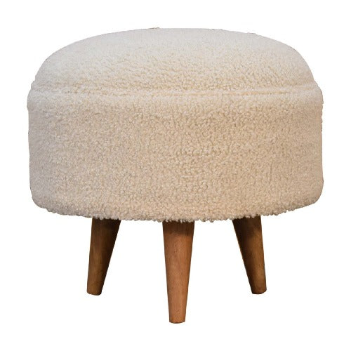 Boucle Cream Rounded Footstool - Handwoven cotton upholstery and solid mango wood legs