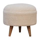 Handcrafted cream footstool with handwoven cotton upholstery and solid mango wood legs.