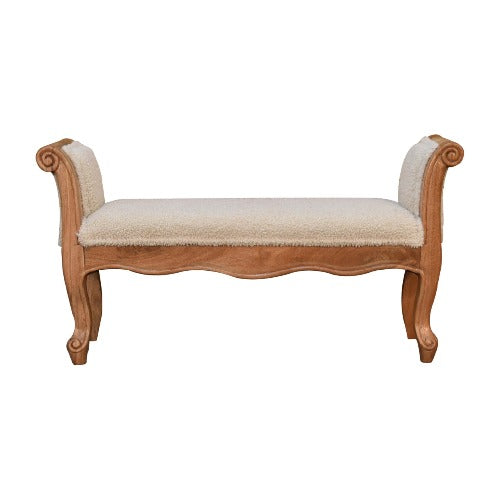 Boucle Cream French Style Bench - Front view showcasing handwoven upholstery and elegant design