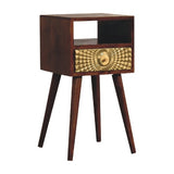 Side view of the Eden Mini Bedside showcasing its solid mango wood construction and chestnut finish