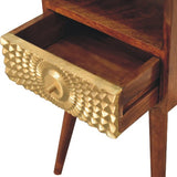The spacious drawer of the Eden Mini Bedside, featuring a beautiful gold brass sheet carved pattern