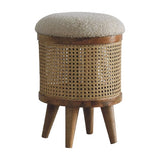 Comfortable Round Seat: Rattan Footstool with Bouclé Upholstery