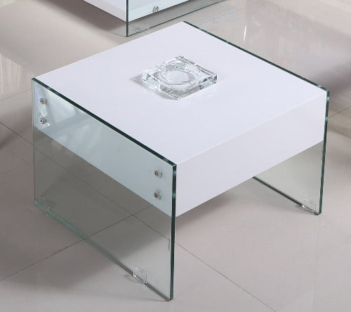 Modern White High Gloss & Glass Lamp Table with Drawer