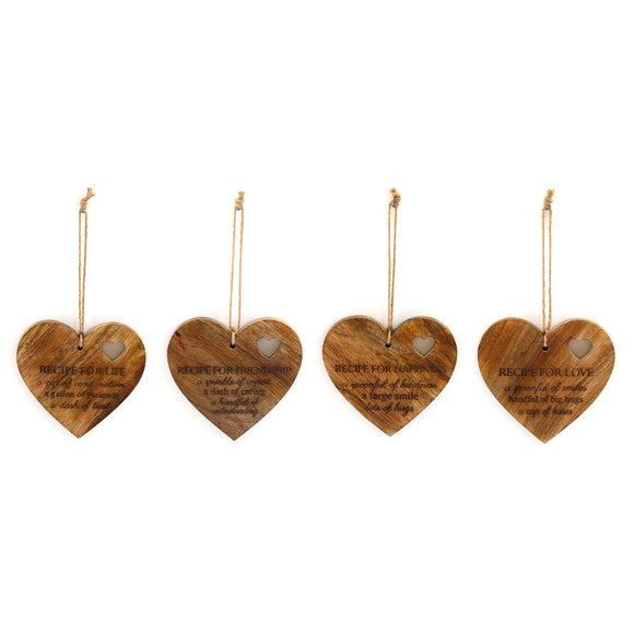 Set of 4 Wood Hanging Black Etched Life Recipe Heart Plaque