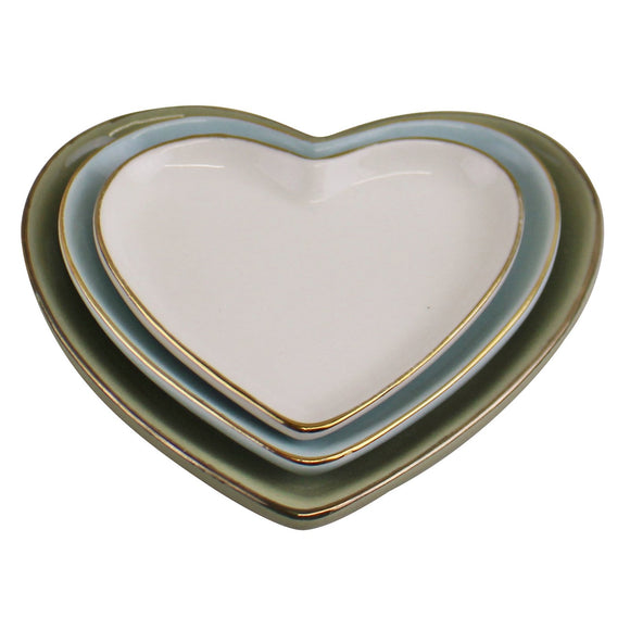 Set Of 3 Heart Shaped Ceramic Trinket Plates With A Gold Edge