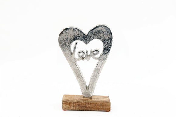 Metal Silver Heart Love On A Wooden Base Small