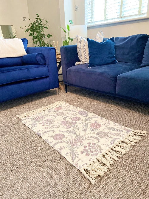 High-quality cotton blend Paisley Rug in blue and pink, featuring elegant tassels
