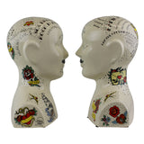 Quirky Phrenology Ceramic Bookends with Sailor Jerry Style Tattoos