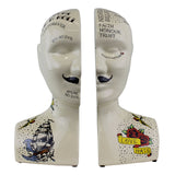 Quirky Phrenology Ceramic Bookends with Sailor Jerry Style Tattoos