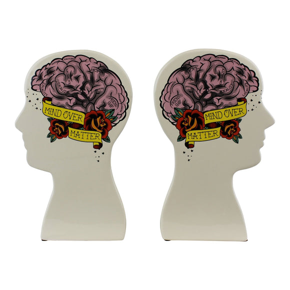 Quirky Phrenology Ceramic Bookends with Sailor Jerry Style Tattoos