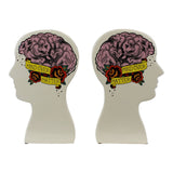 Quirky Phrenology Ceramic Bookends with Sailor Jerry Style Tattoos